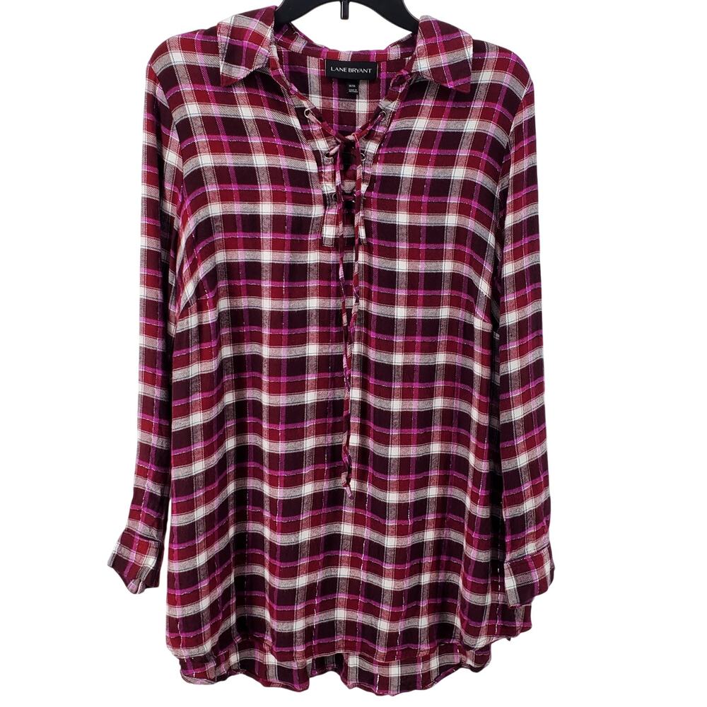 Lane Bryant Purple Pink Rayon Flannel Plaid Lace‎ Up Collar Top 14/16 Pre-Owned